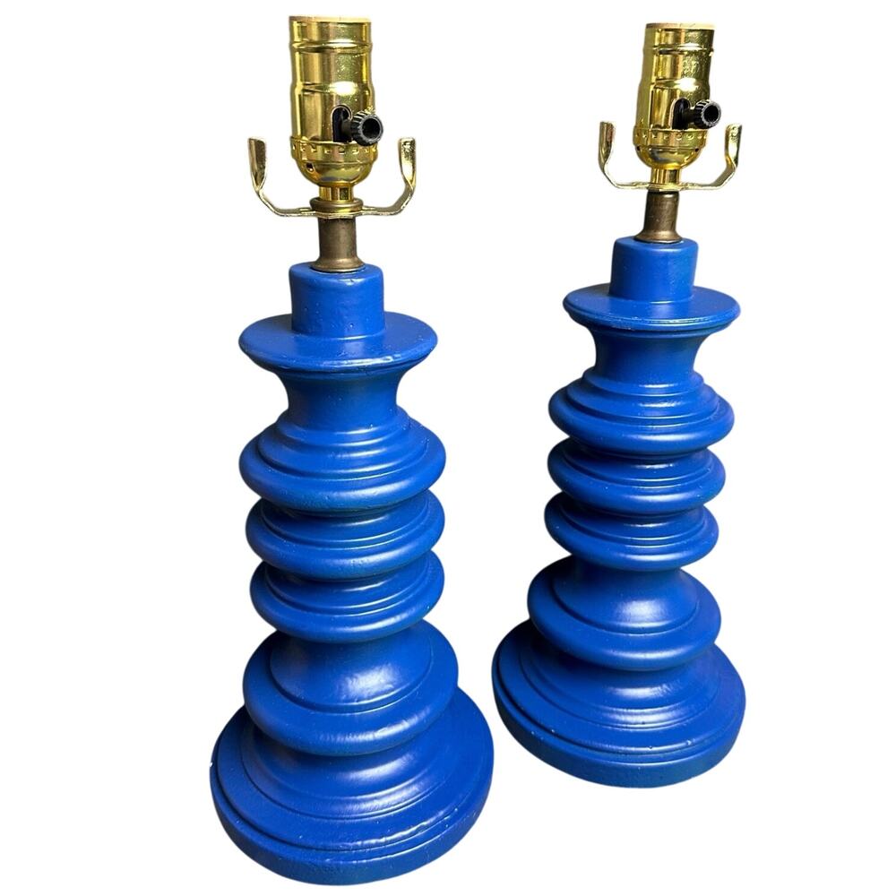 Vintage pair 60s MCM lamps 15” cobalt blue ceramic Swedish stacked totem design